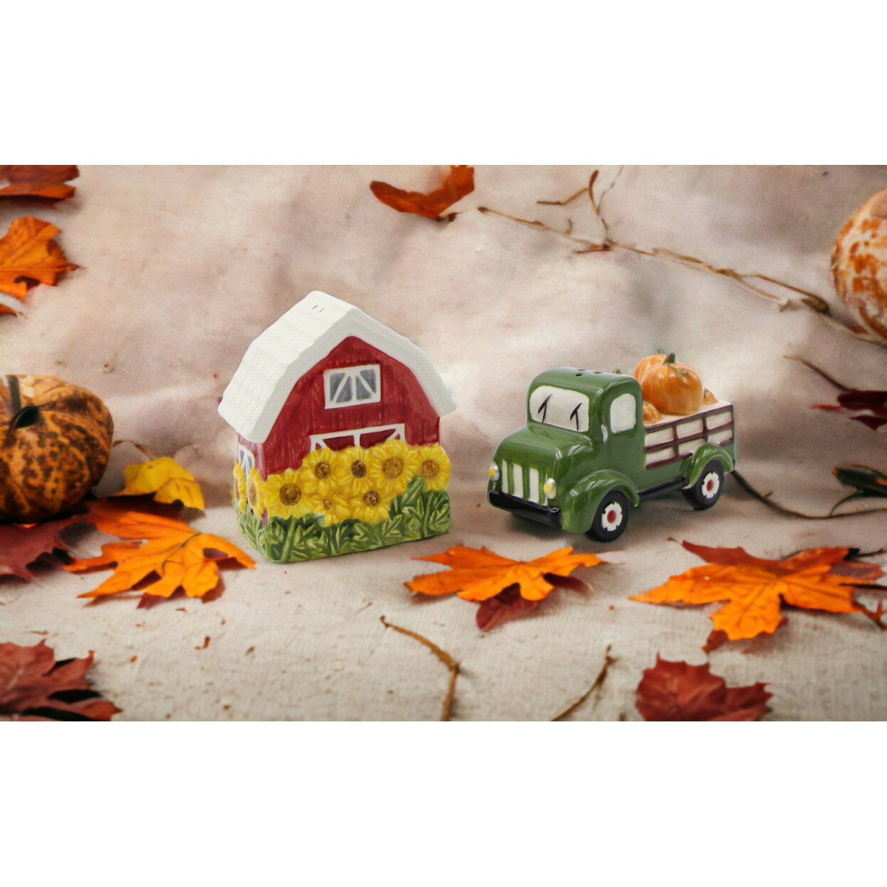 Ceramic Sunflower Barn and Red Pickup Truck With Pumpkins Salt and Pepper