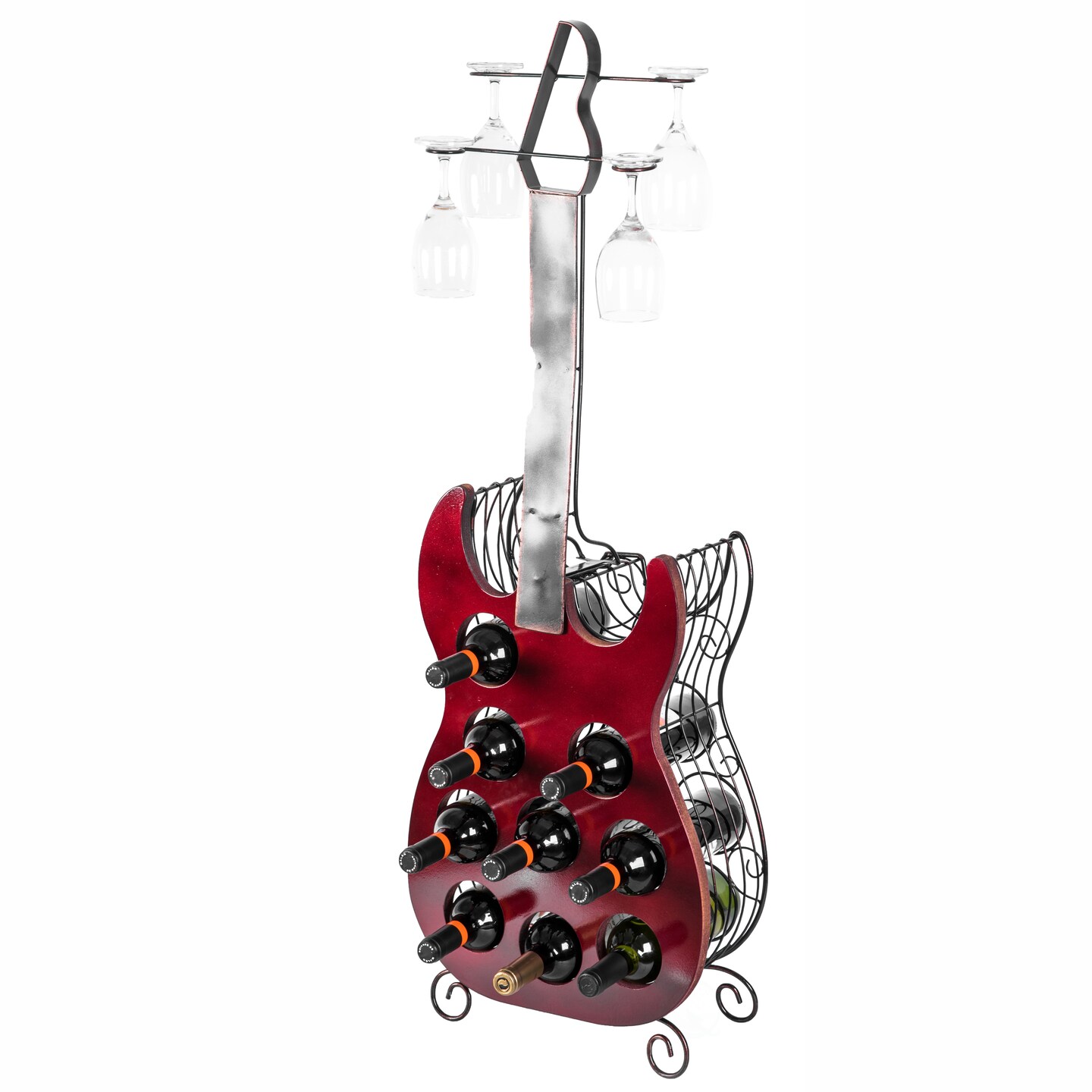 Vintage Wood And Metal Guitar Shaped Freestanding 9 Bottle Wine Holder Decor