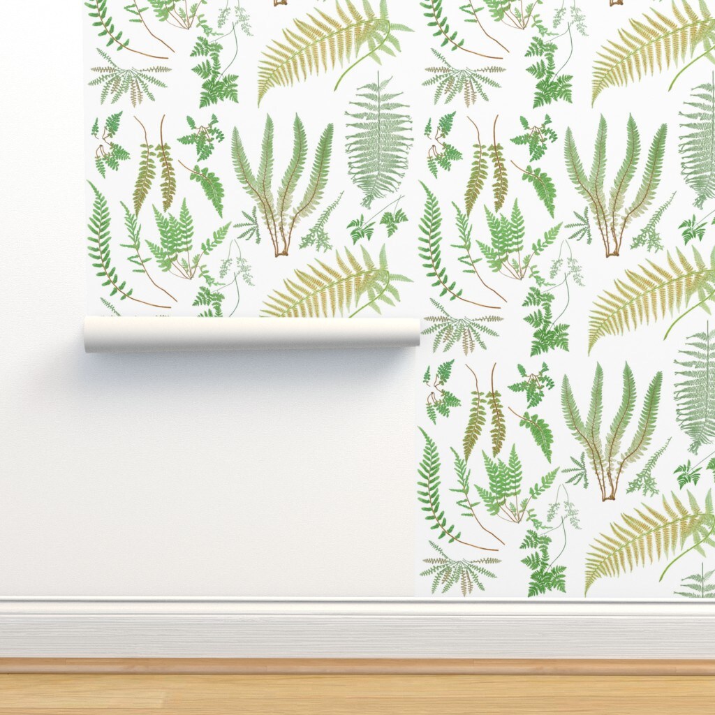 White Green Leaves Forest Plants Jungle Garden Fern Ferns Botanical Custom Pre-pasted Wallpaper by Spoonflower Pre-Pasted Wallpaper 2FT Wide