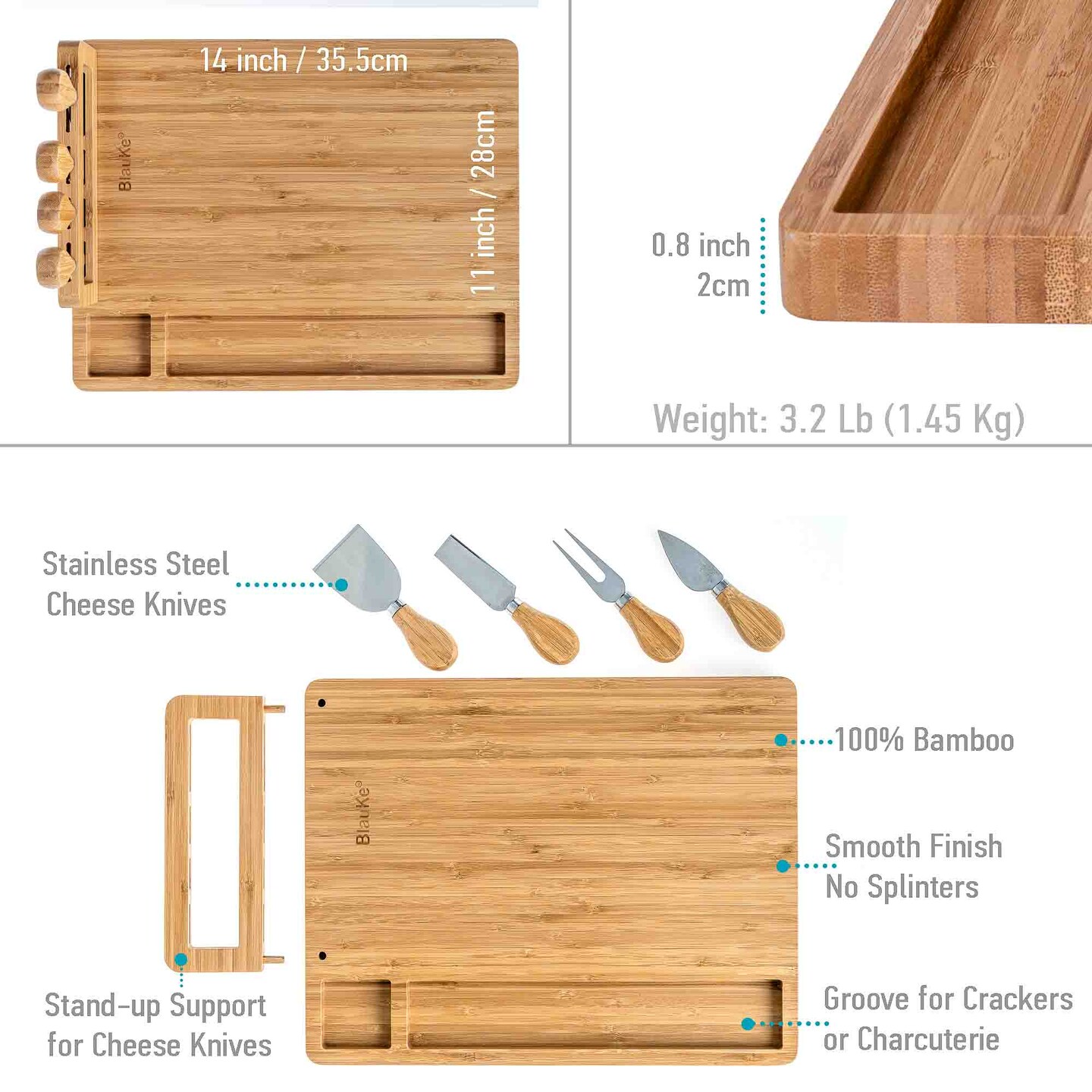 Natural Bamboo Cheese Serving Board w/2 cups, 4 knives & 6 forks MEHF-MART  