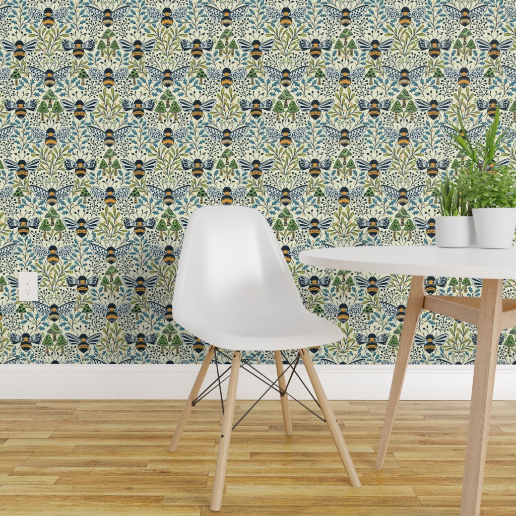 Peel &#x26; Stick Wallpaper 2FT Wide Mushroom Botanical Bumblebee Pollinator Medium Scale Blue Green Gold Custom Removable Wallpaper by Spoonflower
