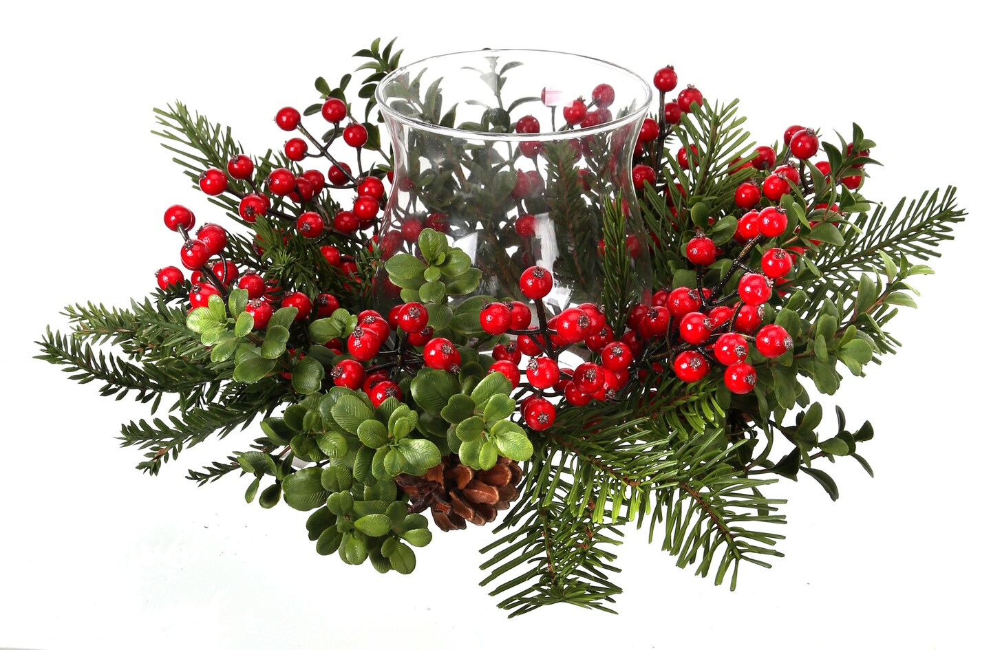 Contemporary Home Living 14&#x22;  Berry and Boxwood Fir Glass Christmas Candleholder