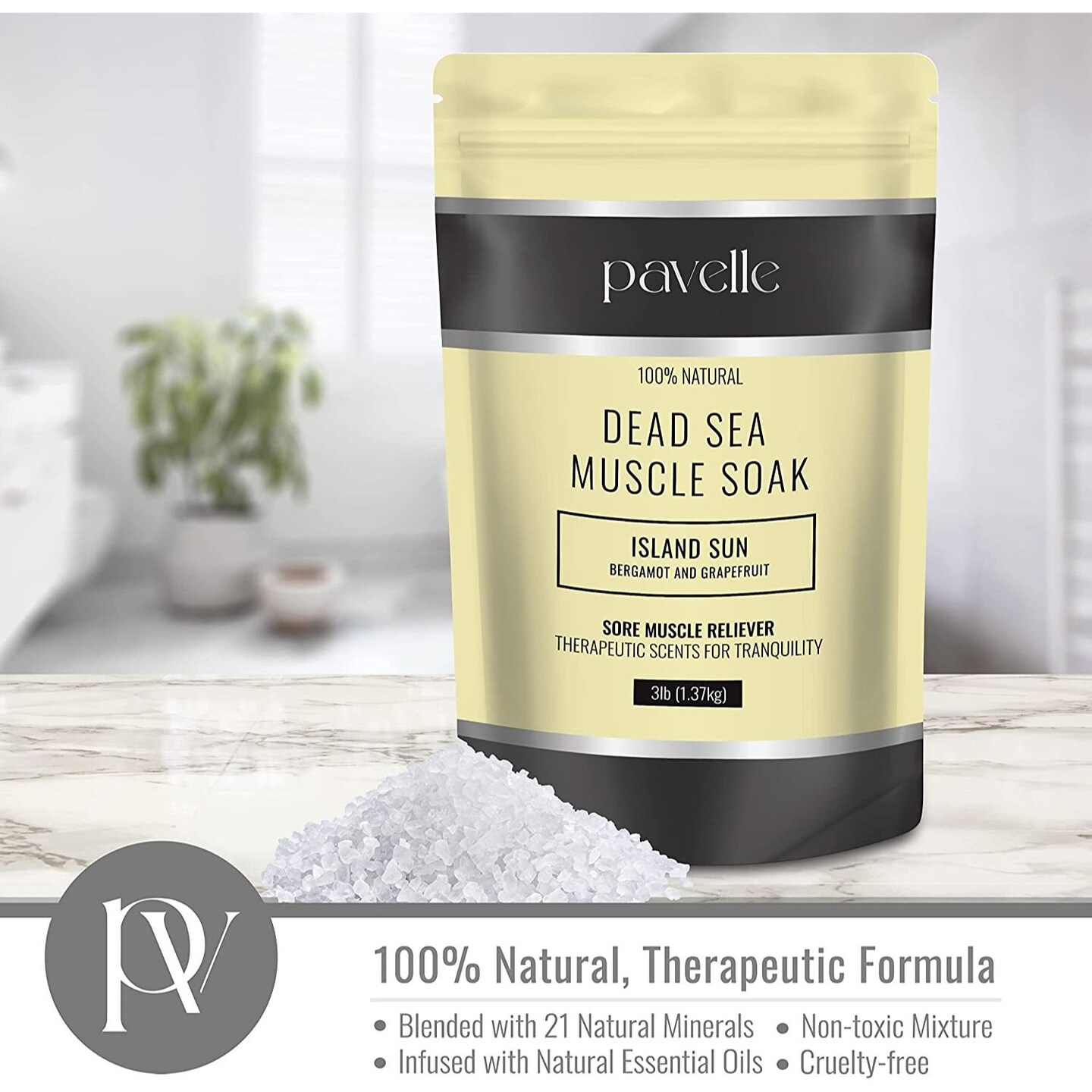 Pavelle Dead Sea Muscle Soak Bath Salts, Bath Soak for Body Pain Relief, 3lb (1.7kg)