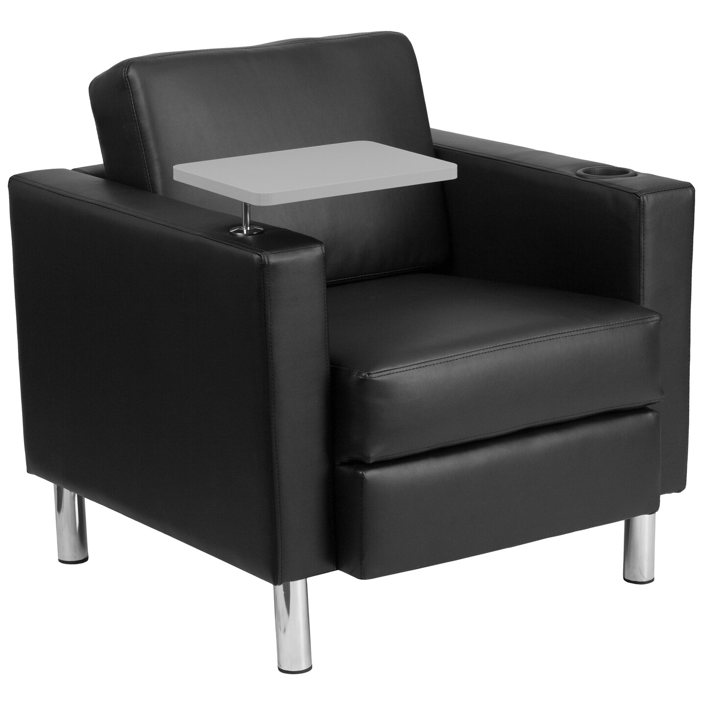 Flash Furniture 33&#x201D; Black Contemporary Style Leather Guest Chair with Tall Chrome Legs, Tablet Arm and Cup Holder