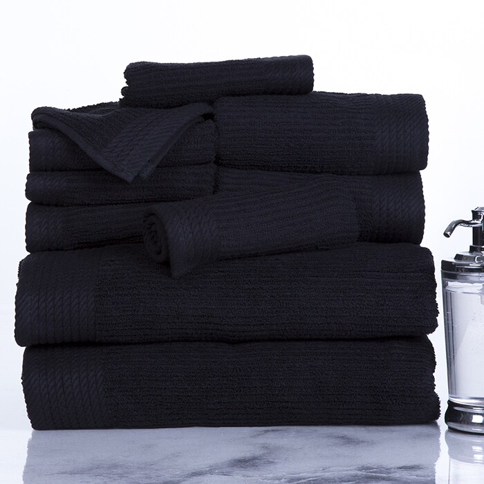 Lavish Home 10 Piece Cotton Towel Set Black Ribbed Bath Hand Fingertip Washcloths