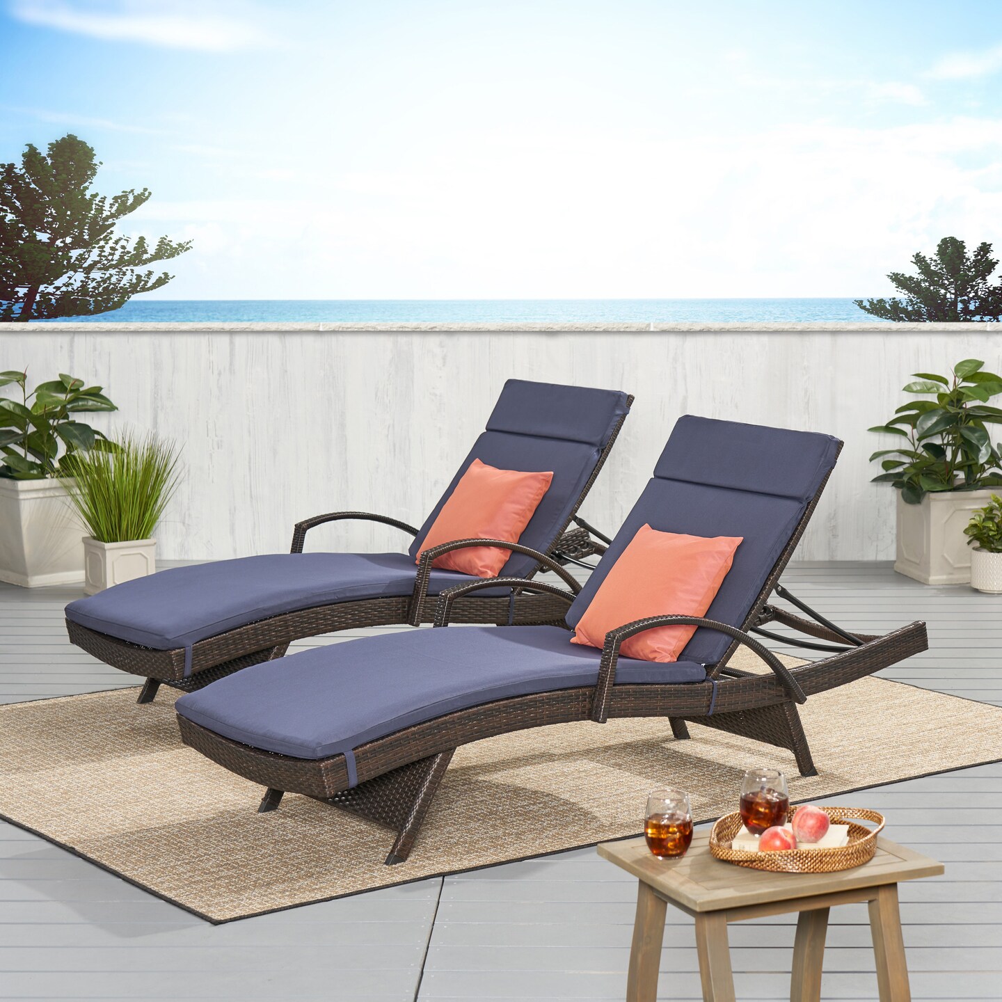 GDFStudio Lakeport Outdoor Wicker Armed Chaise Lounge Chairs with Cushions (set of 2)