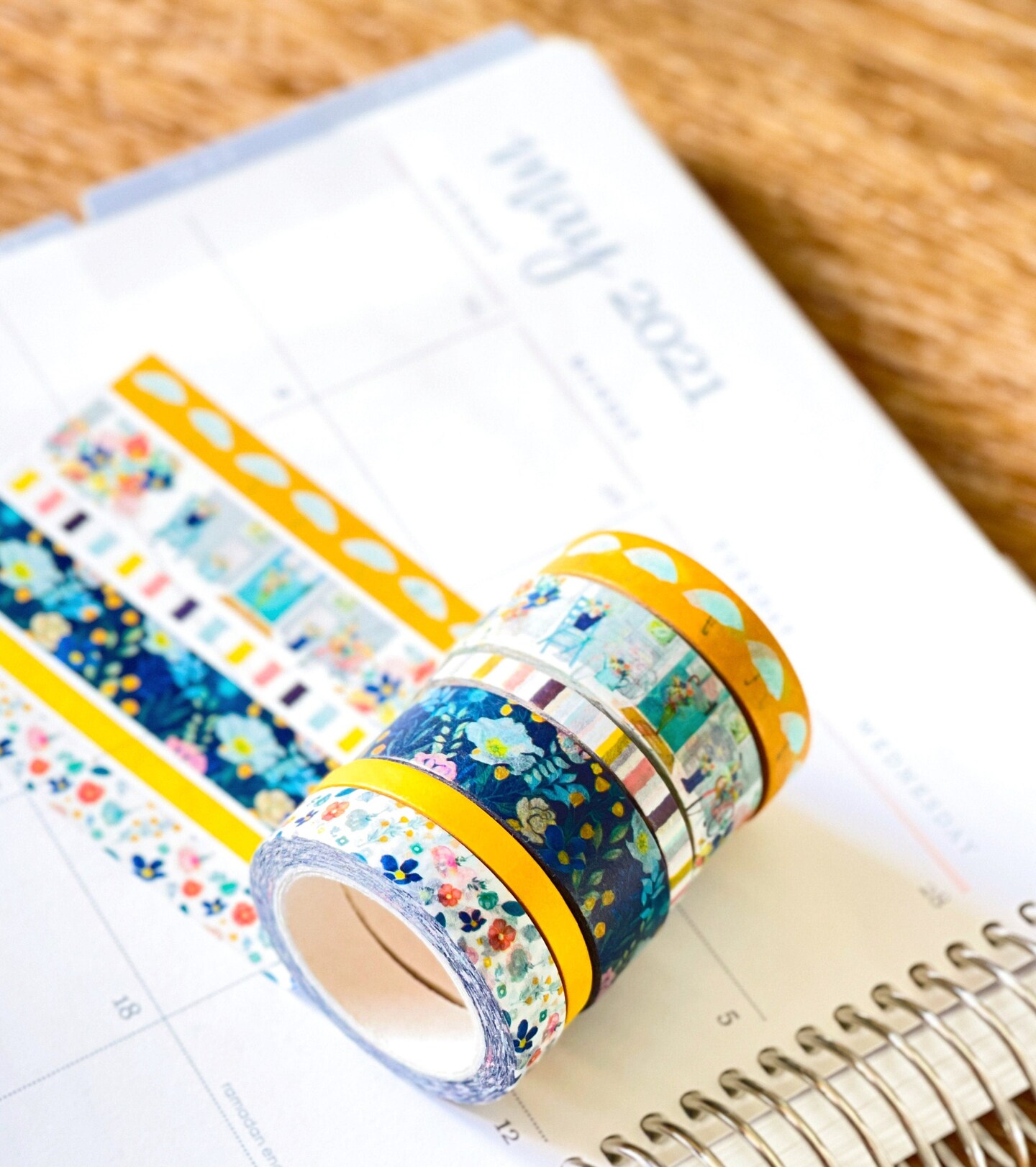 Spring Floral Yellow & Navy Blue Rain & Umbrellas Flowers Washi Tape Set (#W021)