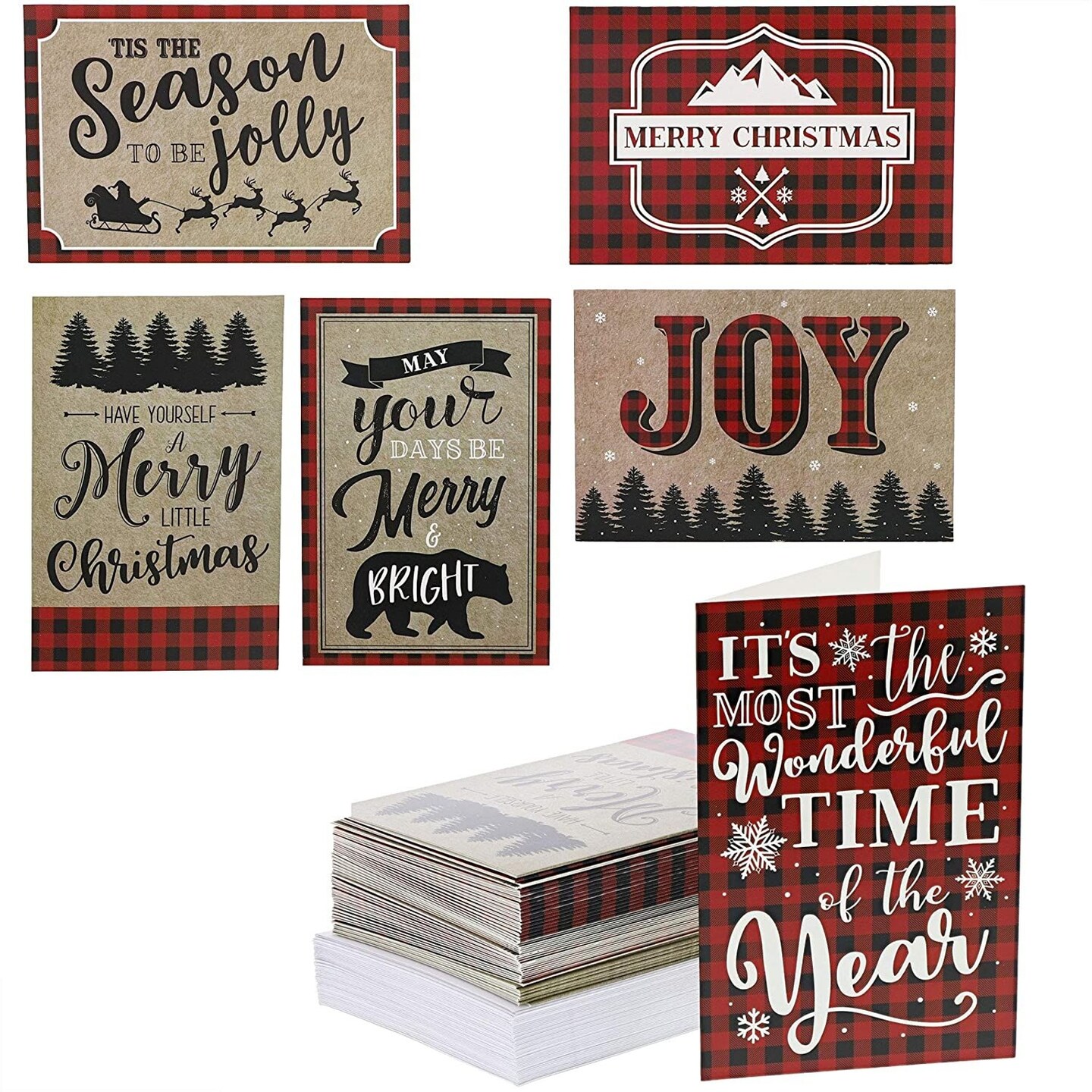 48 Pack Merry Christmas Greeting Cards with Envelopes, Assorted Bulk Set Red Plaid Design (4 x 6 In)