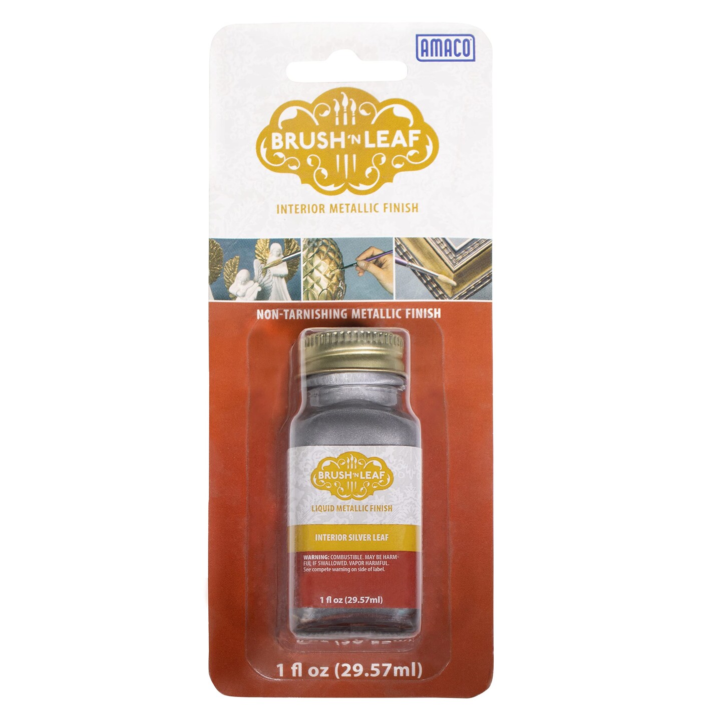 AMACO Brush N Leaf - Silver Leaf 1oz Bottle - Liquid Silver Leaf Paint for Metal Wood Ceramic and More - Interior Liquid Leaf Paint for Objects and Furniture