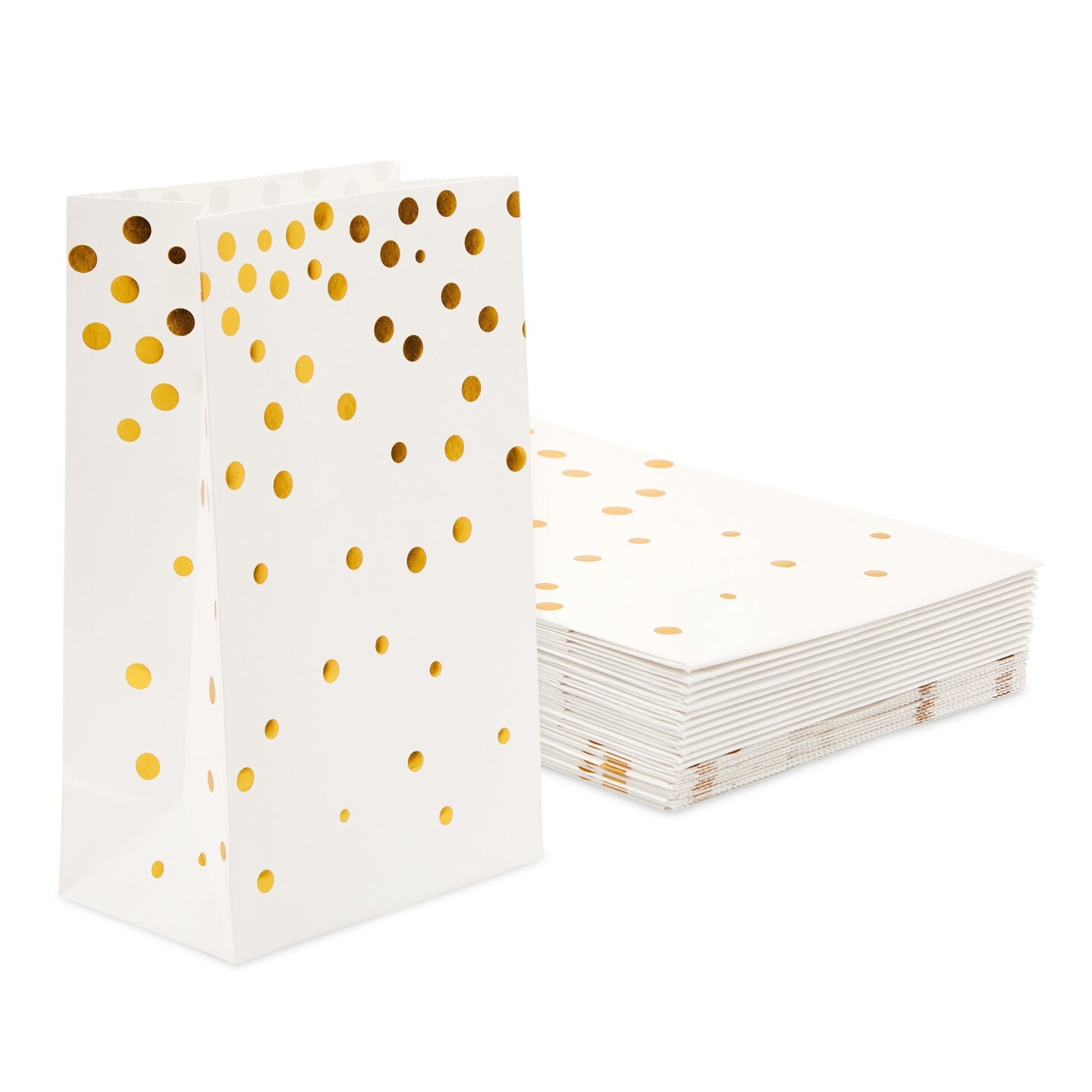 White Party Favor Paper Bags For Kids Birthday, Wedding (Gold Foil Dots, 24 Pack)
