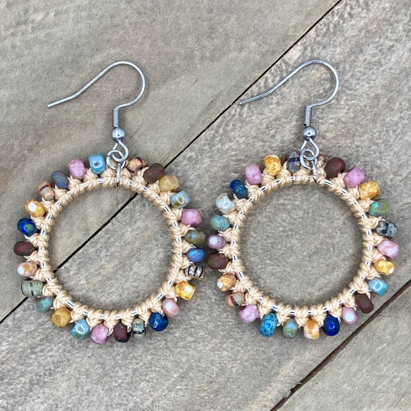 Beaded Hoop Earrings. Macrame Hoop Earrings. Knotted Earrings