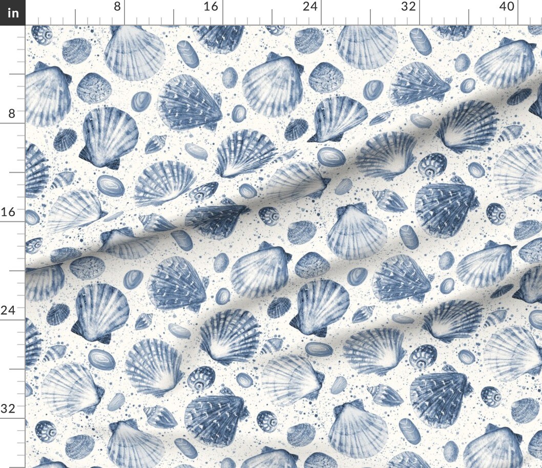 Various Fabrics by the Yard or Fat Quarter Blue Shells Coastal Beach Indigo Large Scale Seashells Custom Printed Fabric by Spoonflower