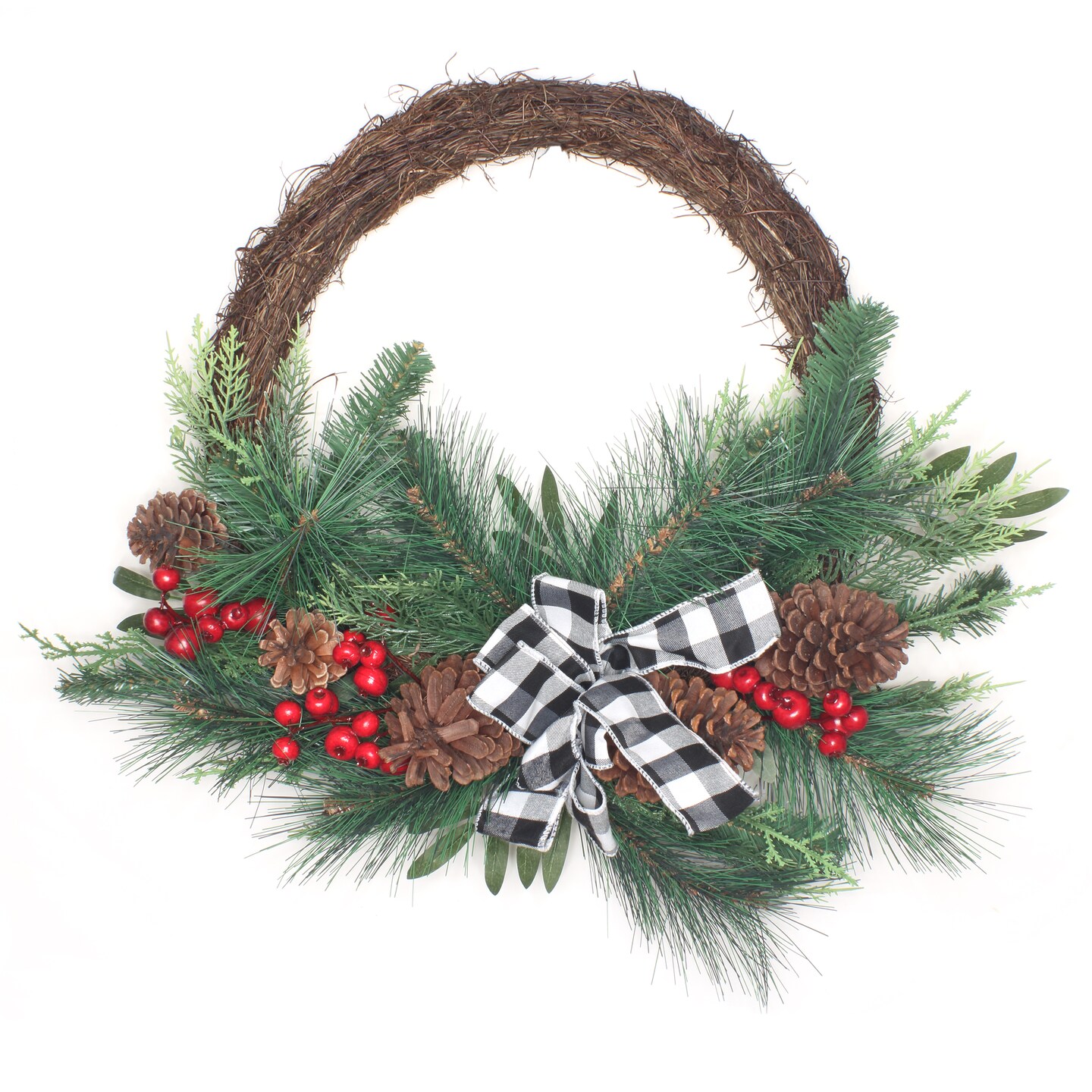 National Tree Company Artificial Christmas Wreath, Green, Mixed Pine Berries, Buffalo Plaid Bow, Pine Cones, Red Berries, 24 Inch
