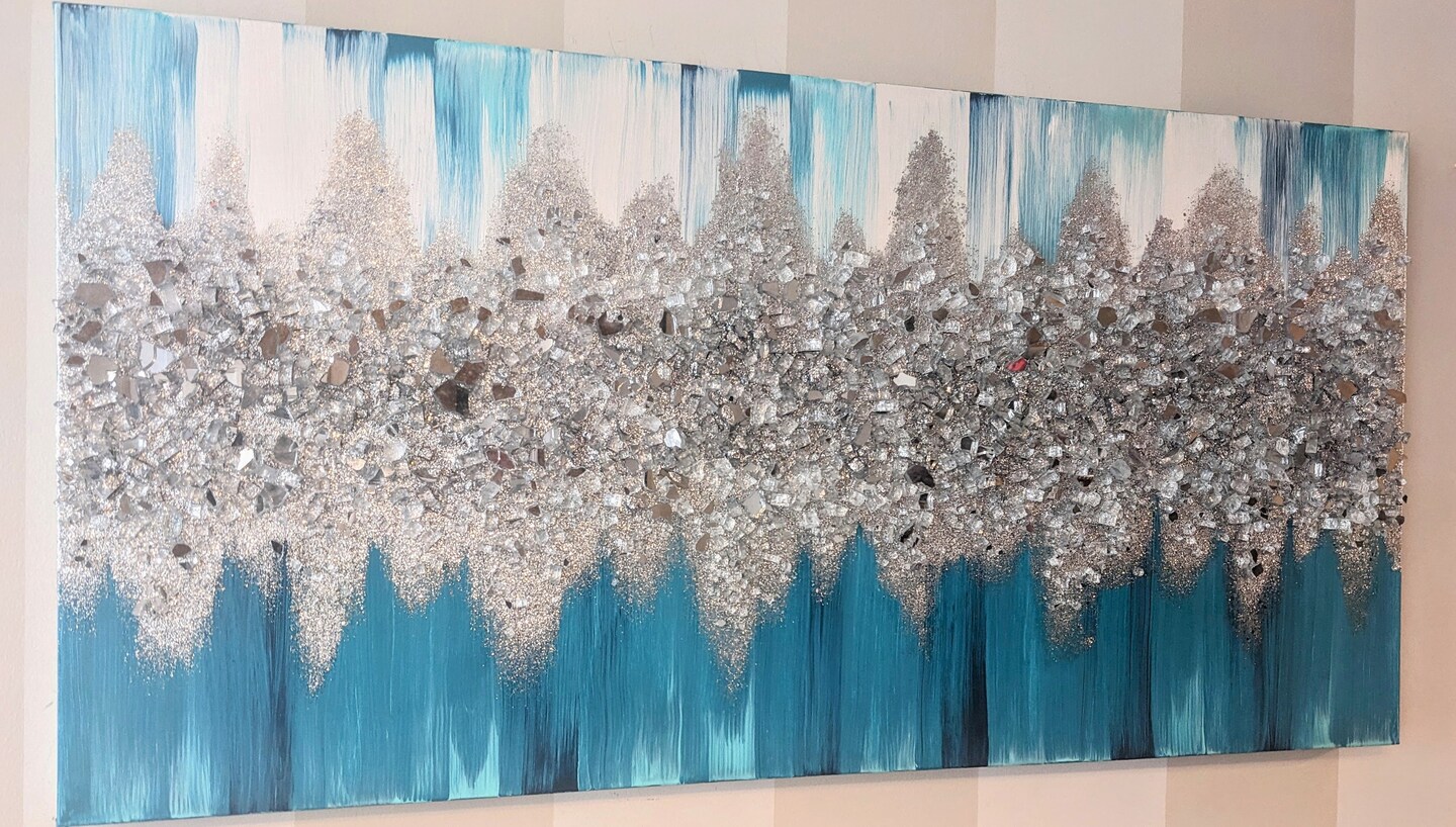 Original Glitter Painting,teal Wall Art,silver Glitter Wall Art,glitter Art  Canvas,crushed Glass Wall Art,glitter Glass Painting,ymipaint 