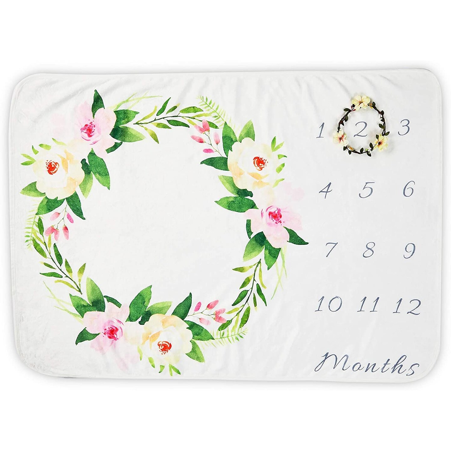Baby Growth Blanket with Small Wreath for Monthly Milestones (40 x 27.5 in) White