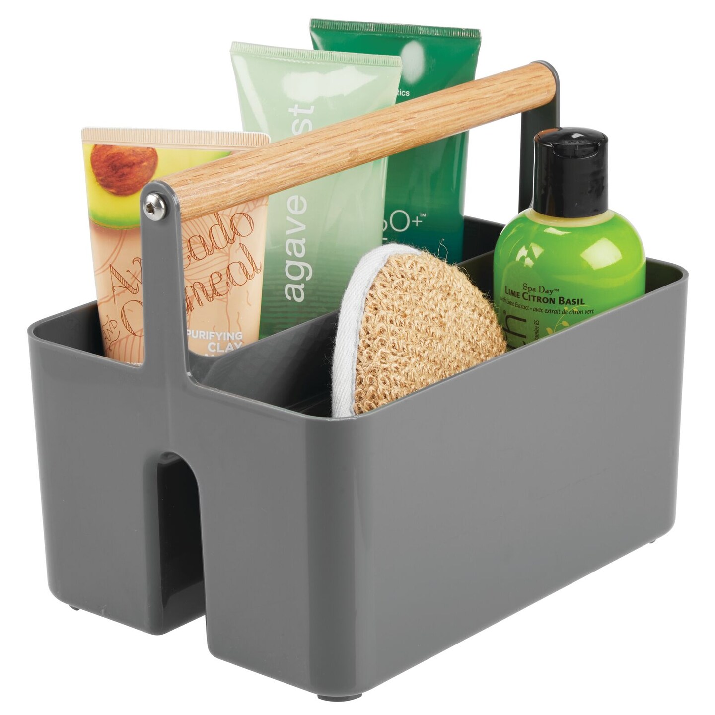 mDesign Plastic Tote, Divided Basket Bin with Wood Handle