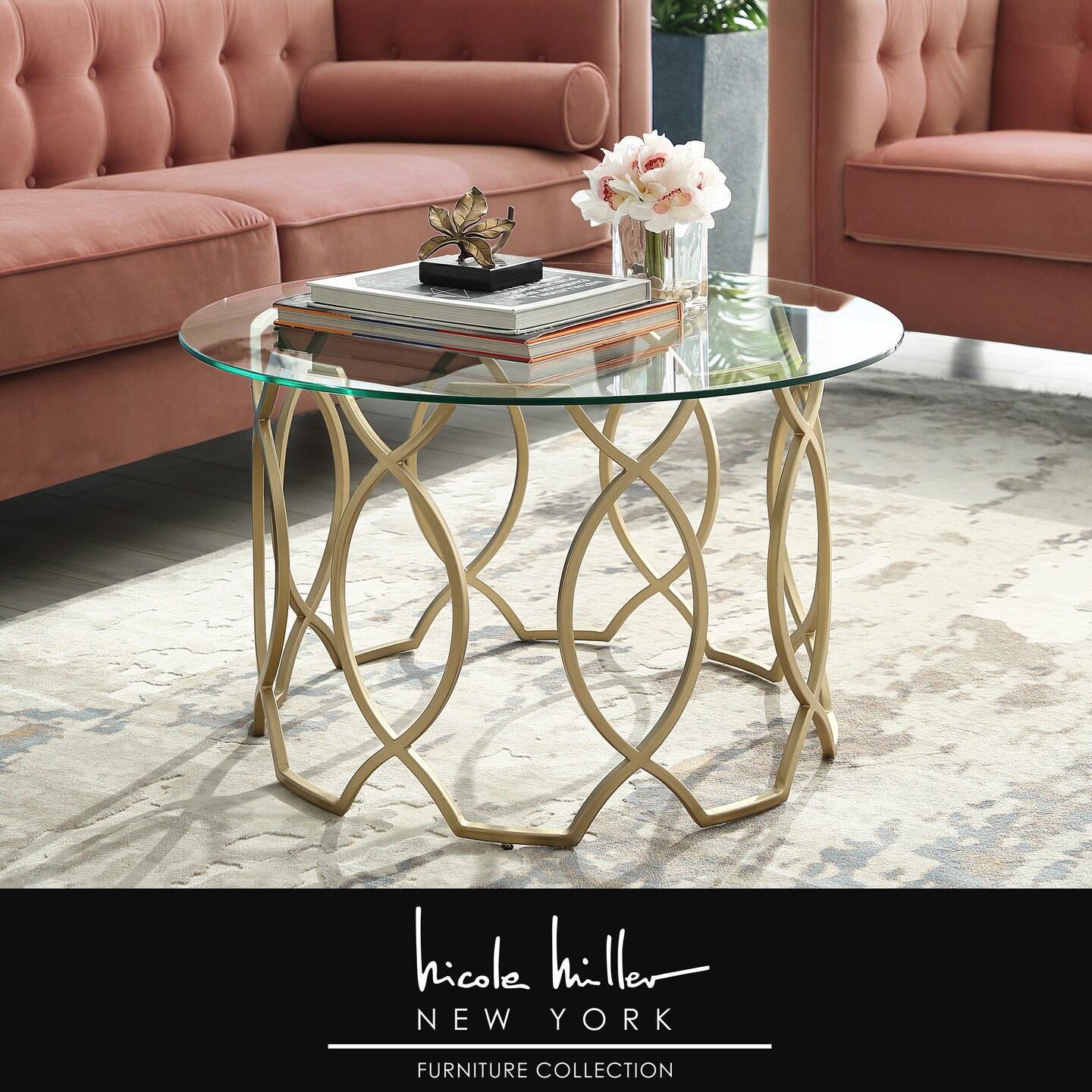 Nicole Miller Sikara Round Modern Coffee Table- Durable Clear-Glass Top-Elegant Frame Design-By