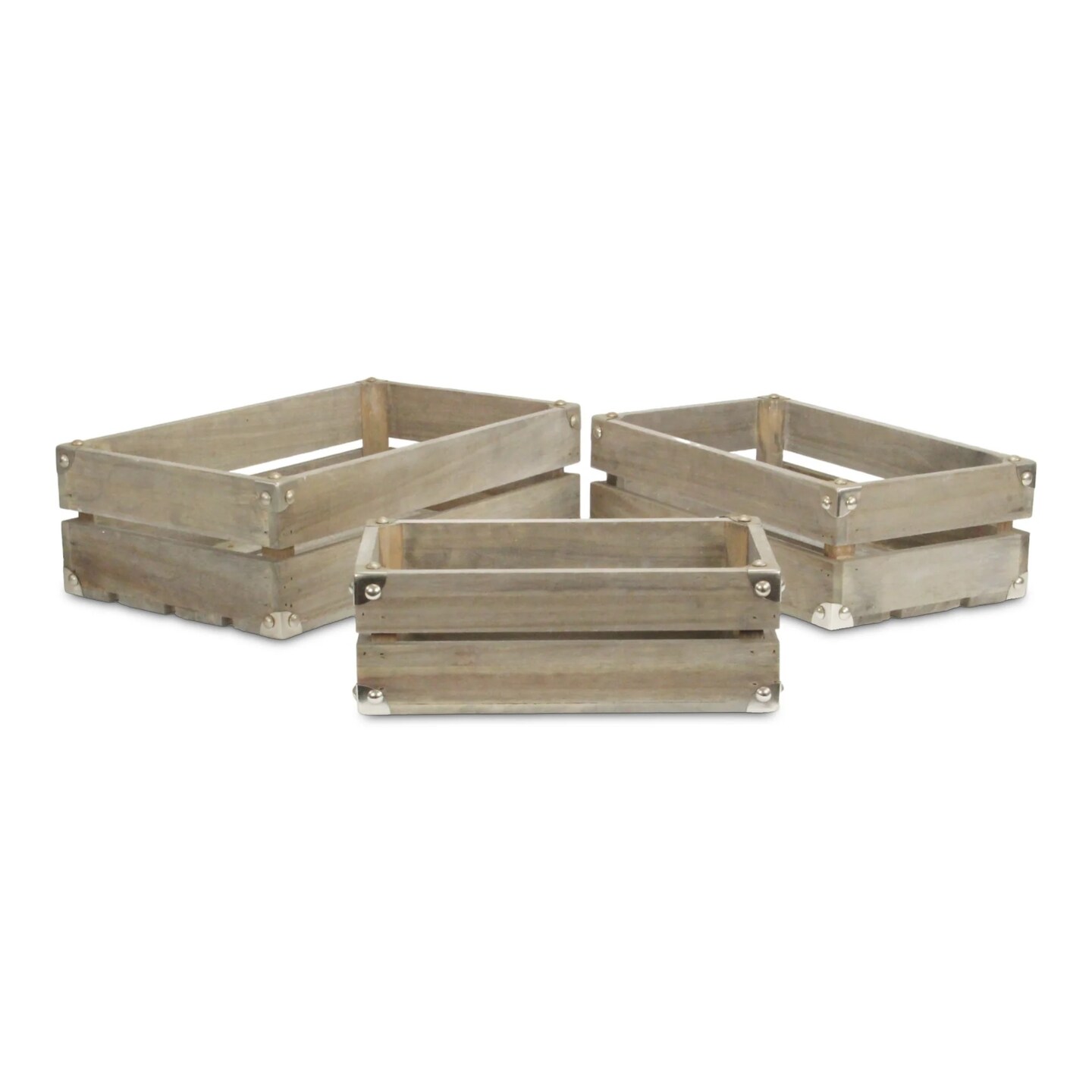 Contemporary Home Living Set of 3 Gray Rustic Studded Wooden Storage Crates 15.75"