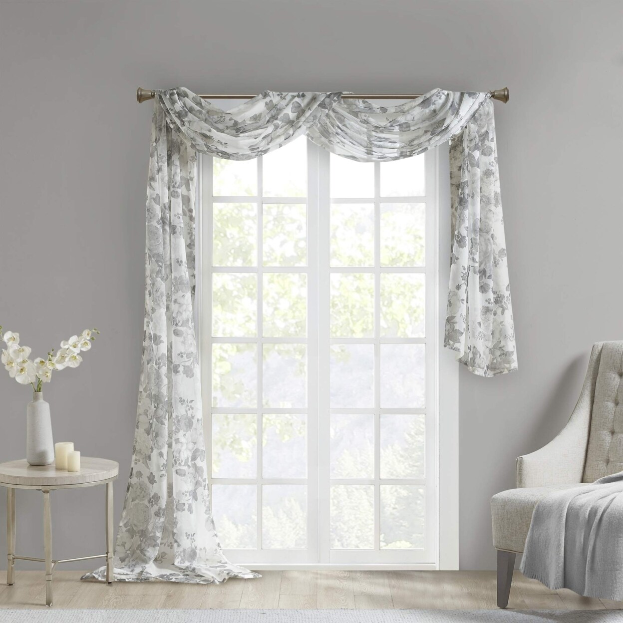 Madison Park   Simone Floral Design Sheer Window Curtain Voile Privacy Drape for Bedroom, Livingroom, 42&#x22; x 216&#x22;, White