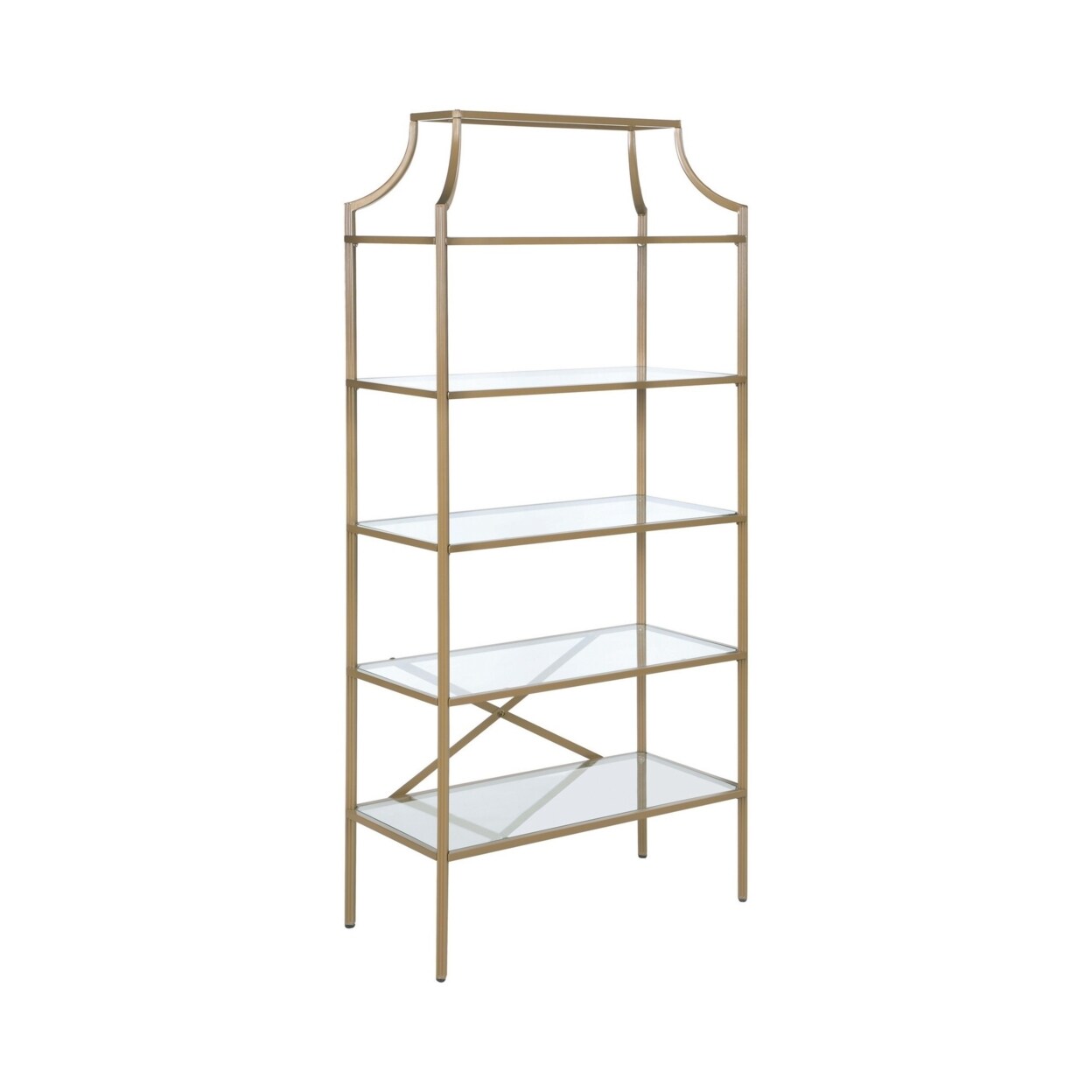 Saltoro Sherpi Bookcase with 5 Tempered Glass Shelves and Metal Frame, Gold-