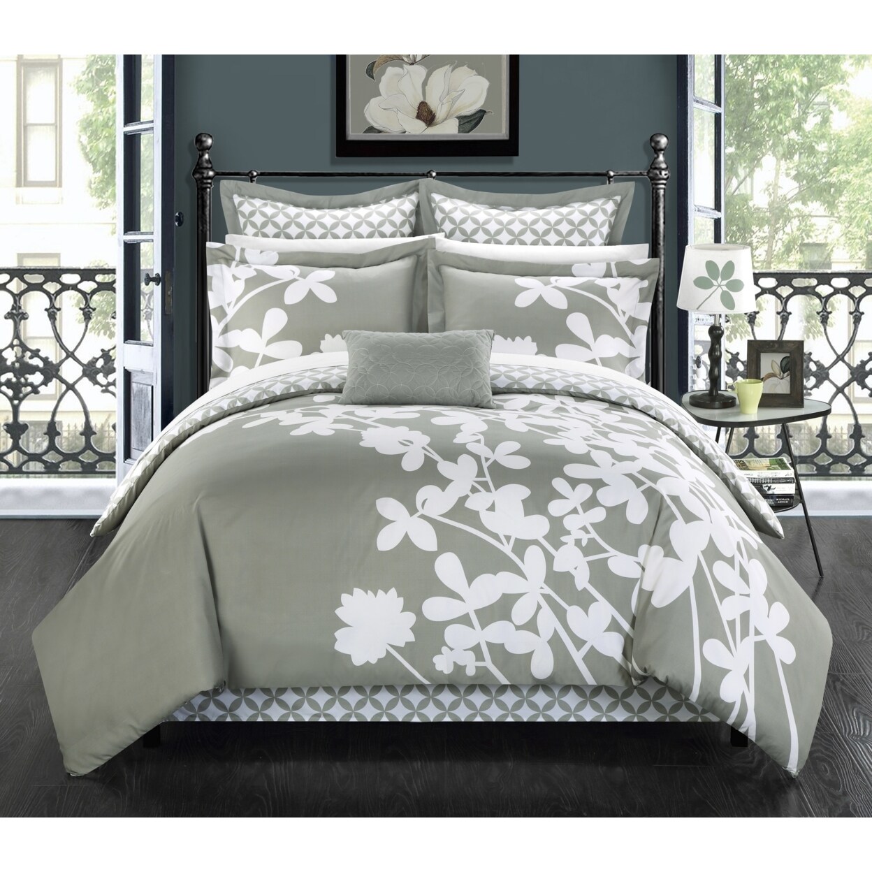 Chic Home 7 Piece Sire Reversible large scale floral design printed with diamond pattern reverse Comforter