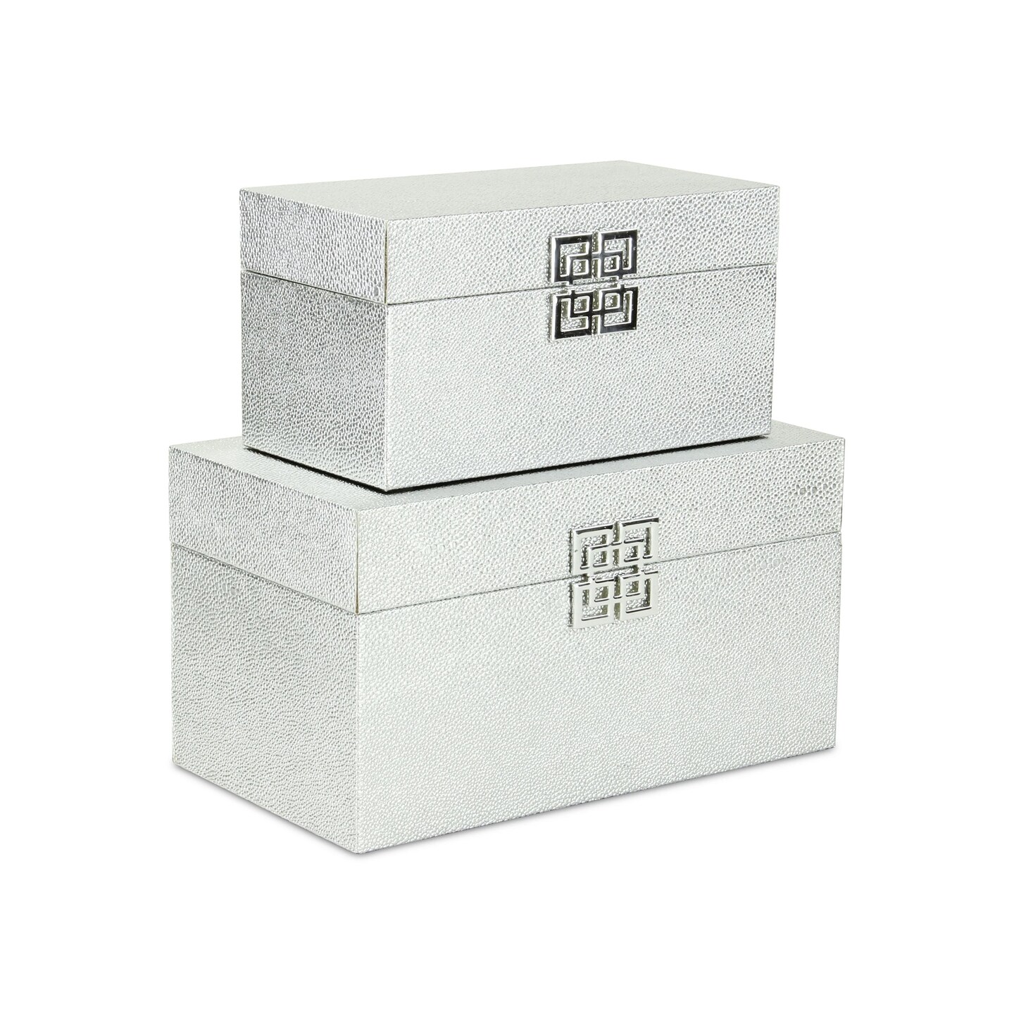 Contemporary Home Living Set of 2 Silver Rectangular Double Happiness Shagreen Boxes 11.75&#x22;