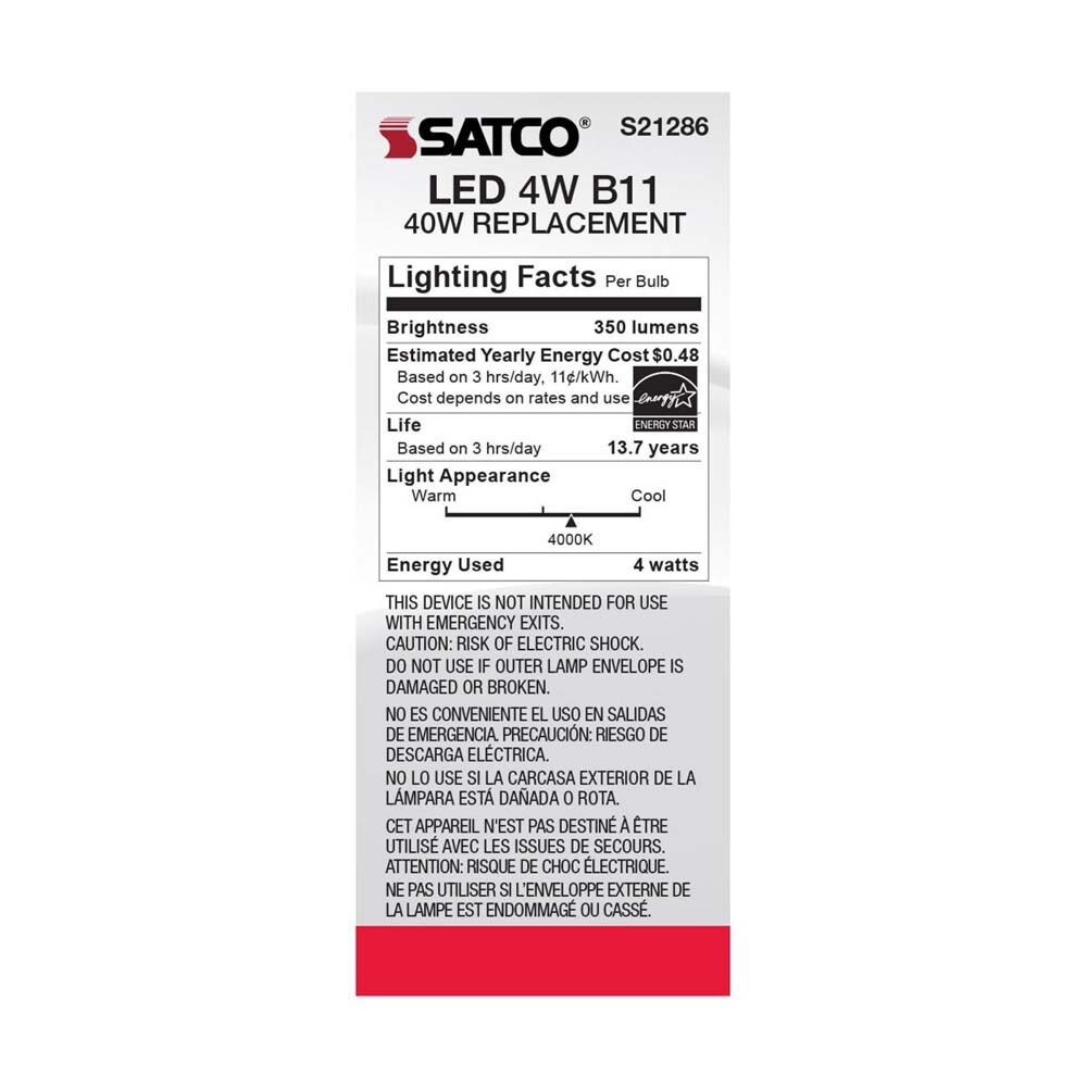 6Pk - Satco 4w B11 LED 4000K Medium Base Dimmable - 40w equiv