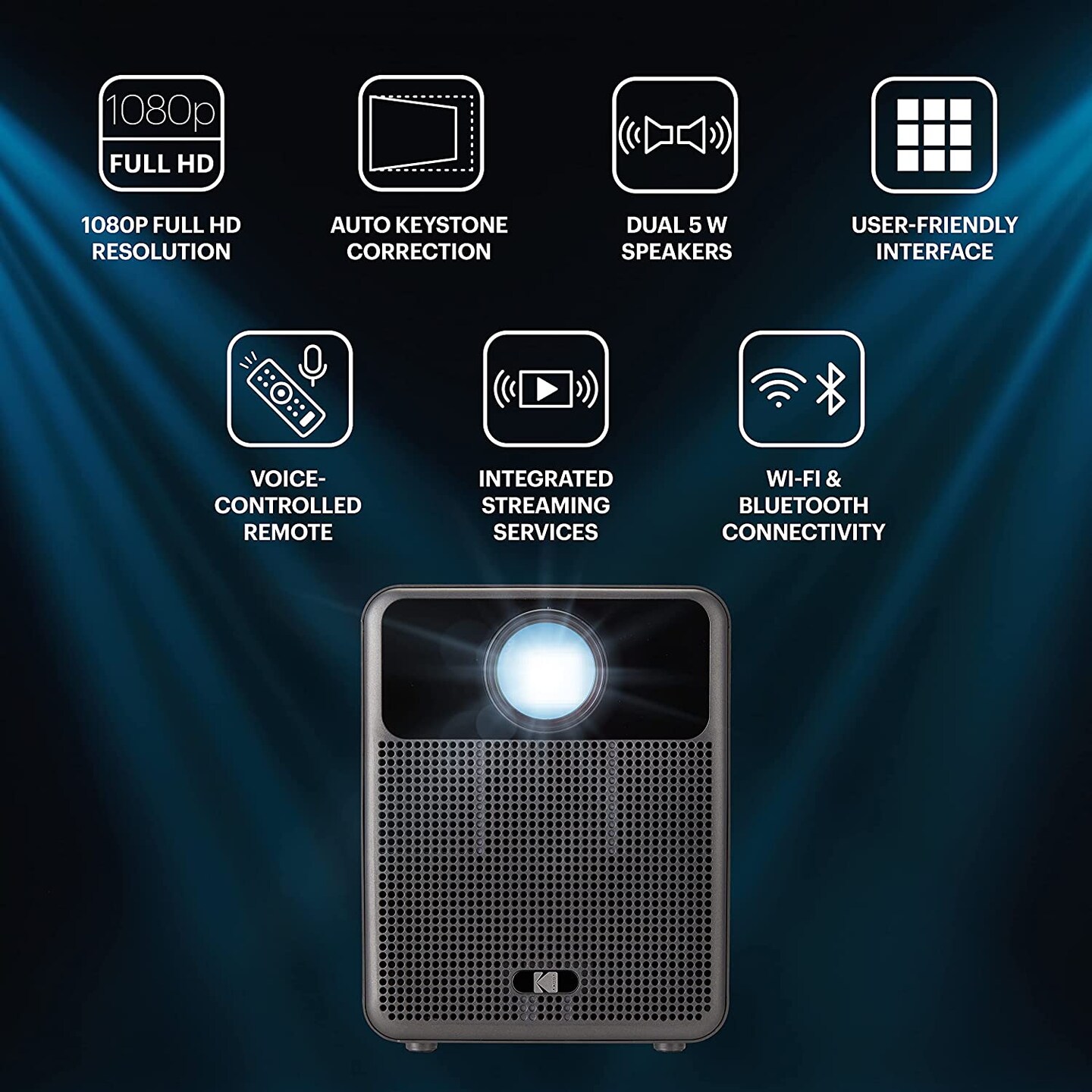 KODAK FLIK HD10 Smart Projector, 1080P Projector with Wifi and Bluetooth W/Android TV, HDMI, USB &#x26; Built-in Speakers