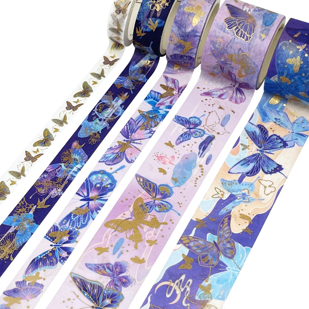 Wrapables Decorative Gold Foil Washi Tape and Sticker Set for Stationery,  Diary, Card Making (10 Rolls & 10 Sheets), Cranes Blue 