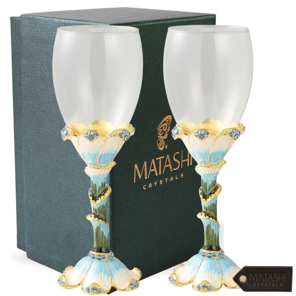 Matashi Stem Wine Glass With Hand Painted Stemware (Pewter) Flower Petal Base Classic Drinkware For Red And White