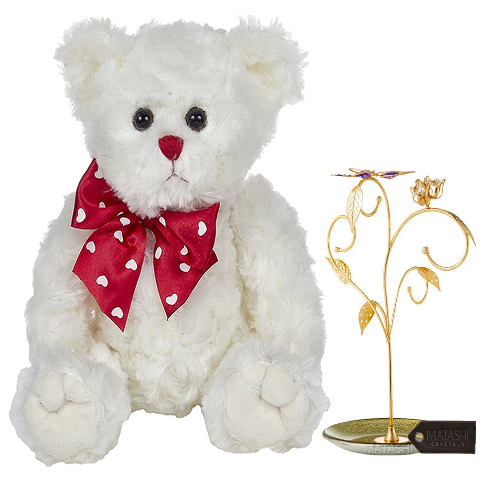 Matashi Bearington 11&#x22; Plush Stuffed Animal Teddy Bear  White  24k Gold Plated Jewelry Stand