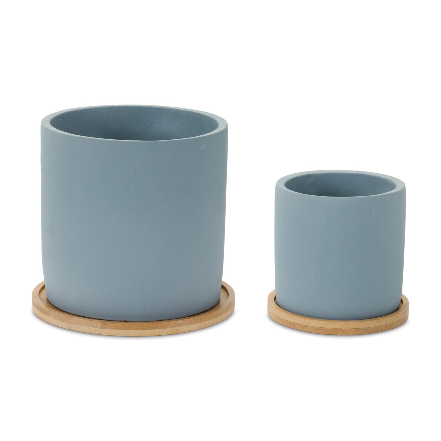 Melrose Stone Planter with Wooden Plates - 6.5&#x22; - Blue and Brown - Set of 2