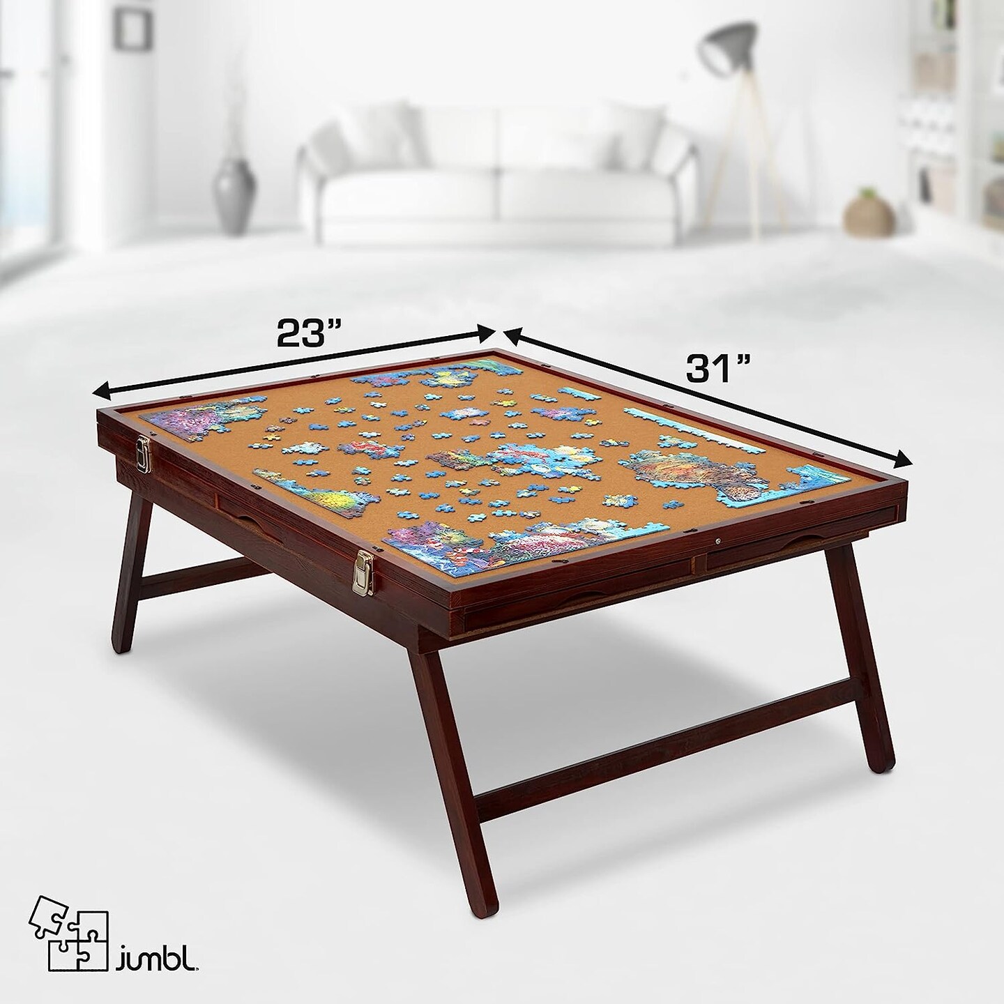 Jumbl 1000 Piece Puzzle Board, 23” x 31” Wooden Jigsaw Puzzle Table Board w/Felt Surface & Storage Drawers