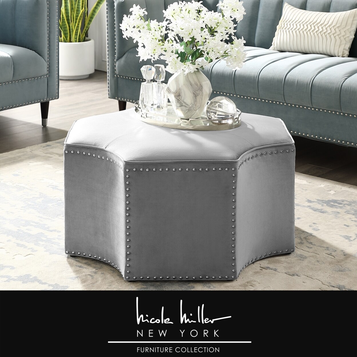 Nicole Miller   Rey Octagon Cocktail Ottoman-Single Tufted-Chrome Nailhead Trim