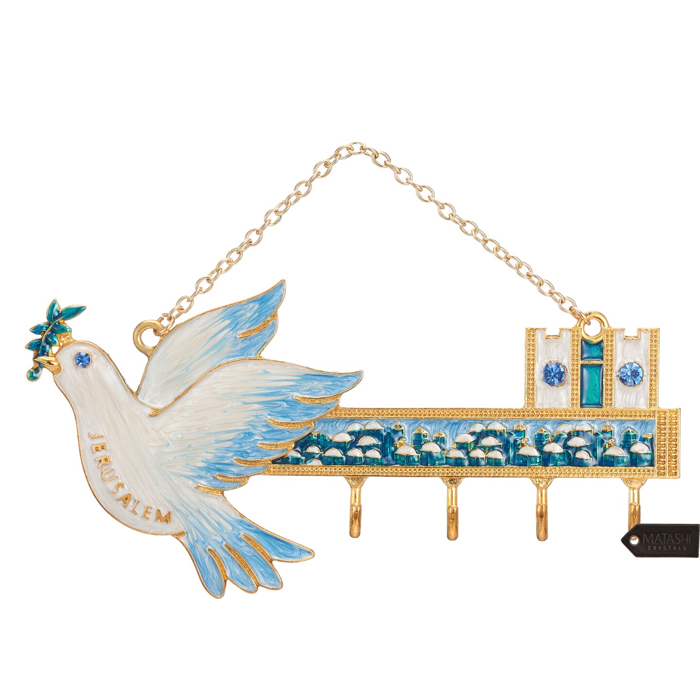Matashi   Hand-Painted Blue and Ivory Enamel Dove and Jerusalem Cityscape Design Decorative Hanging Wall Hooks for