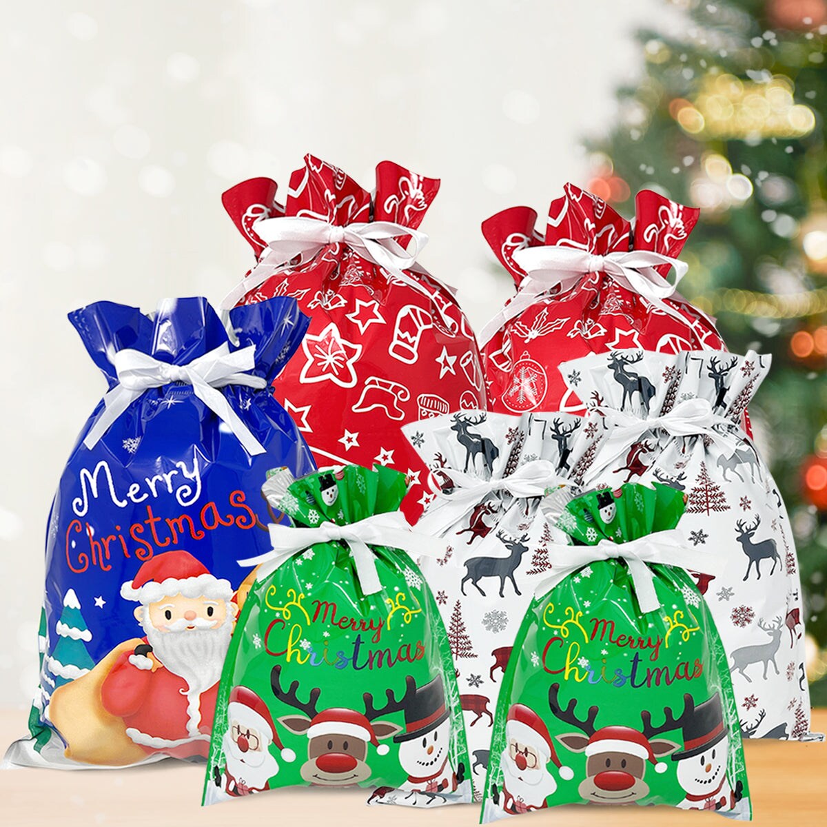 Wrapables Aluminum Foil Christmas Holiday Drawstring Gift Bags for Party Favors, Goodie Bag, Treats, Gift Wrap, Parties