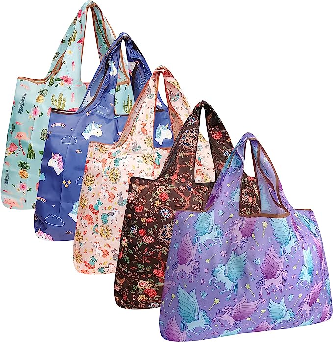 Wrapables Large Foldable Tote Nylon Reusable Grocery Bags, 5 Pack