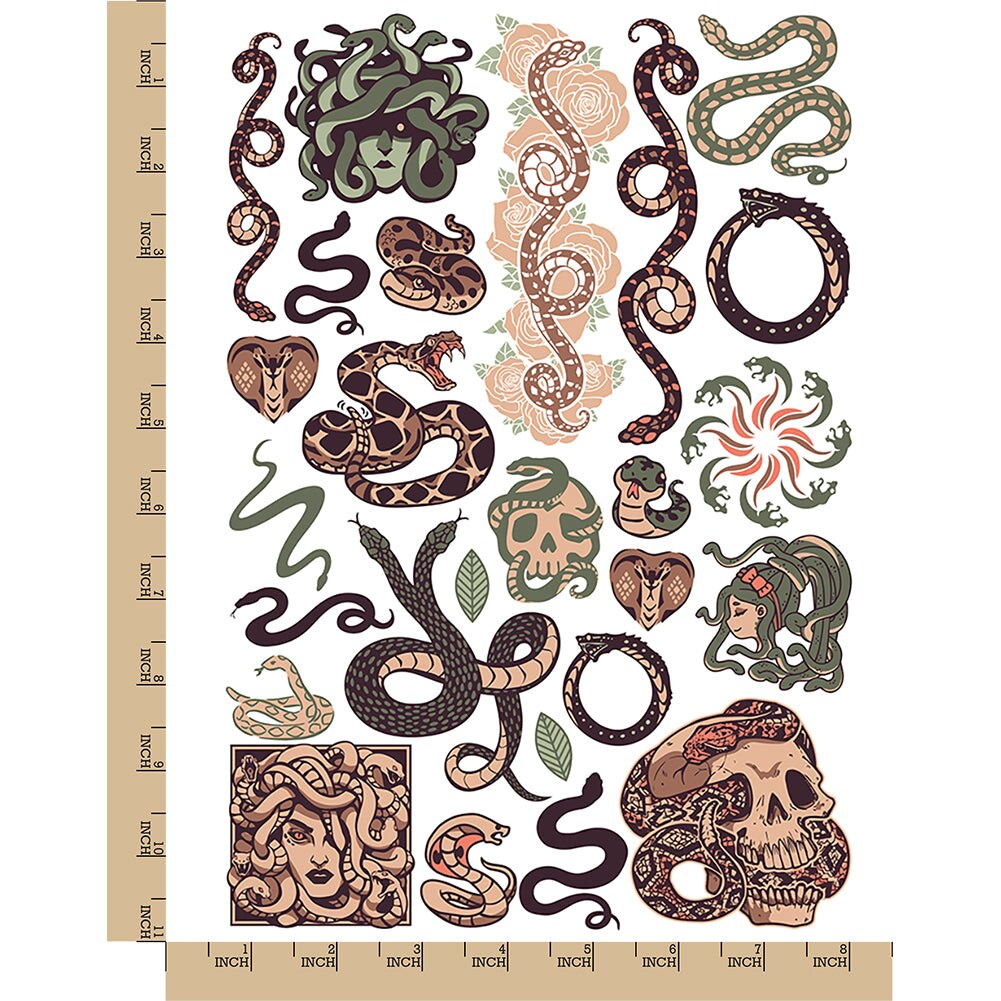 Snakes Serpents Medusa Gorgon Temporary Tattoo Water Resistant Fake Body Art Set Collection