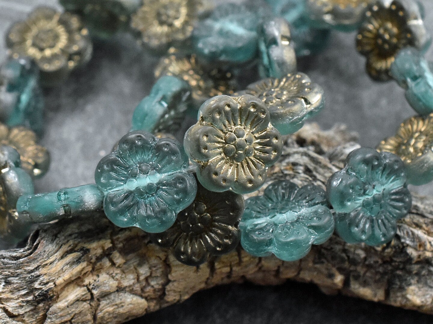 14mm 1/2 Antique Bronze Washed Dark Teal Aqua Wildflower Beads