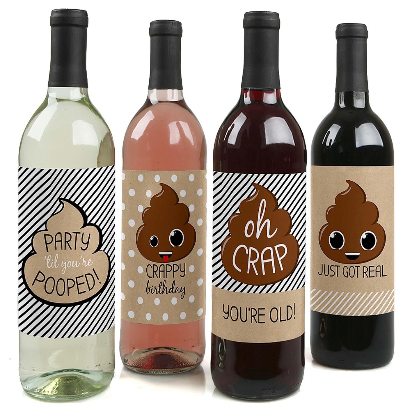 Big Dot of Happiness Oh Crap, You&#x27;re Old - Poop Birthday Party Decorations for Women and Men - Wine Bottle Label Stickers - Set of 4