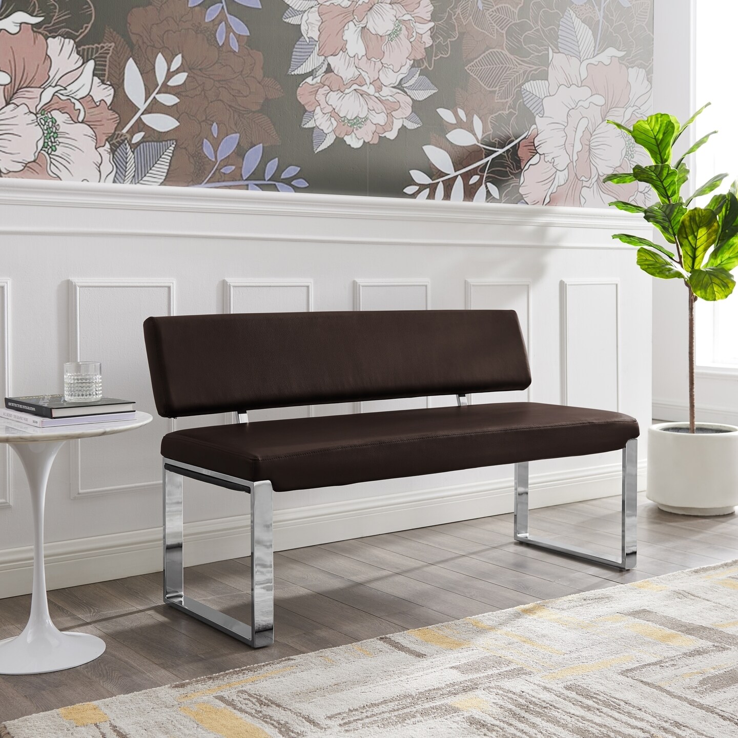 Inspired Home Lilyana Bench-Upholstered-Chrome Legs-Square Geometrical Legs