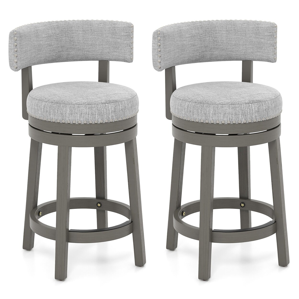 Set Of 2 Upholstered Swivel Bar Stools Wooden Counter Height Kitchen Chairs Grey