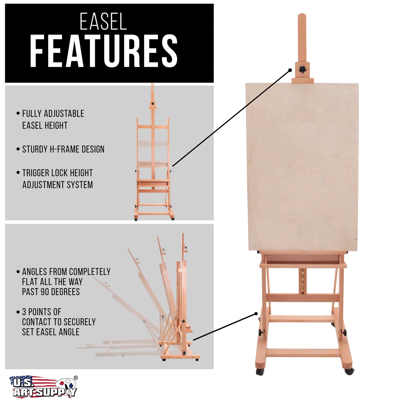 Medium Wooden H-Frame Studio Easel with Artist Storage Tray and Wheels - Mast Adjustable to 96&#x22; High, Holds Canvas to 48&#x22; Sturdy Beechwood Floor Stand