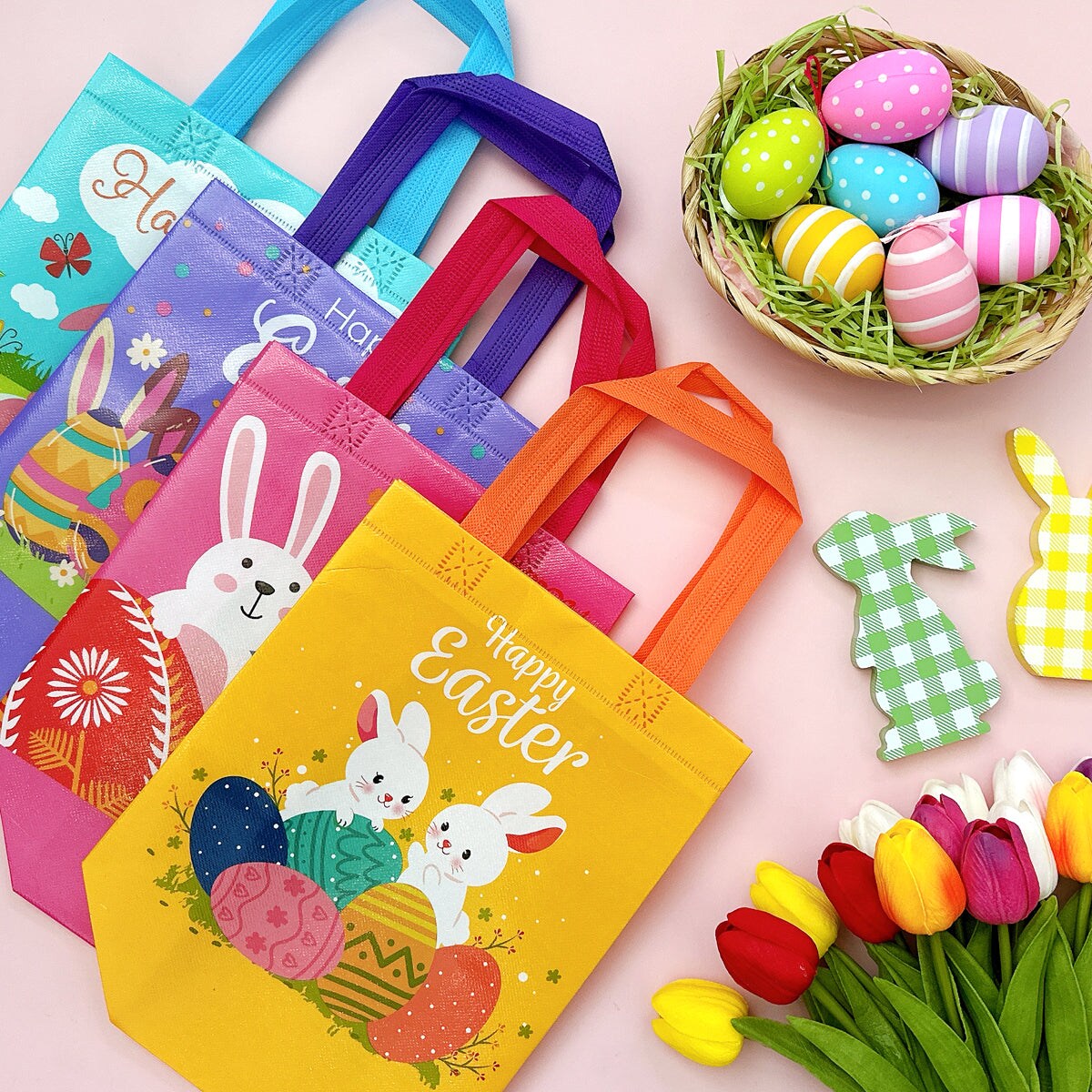 Wrapables Non-woven Easter Gift Bags, Easter Treat Bags for Egg Hunt (Set of 8)