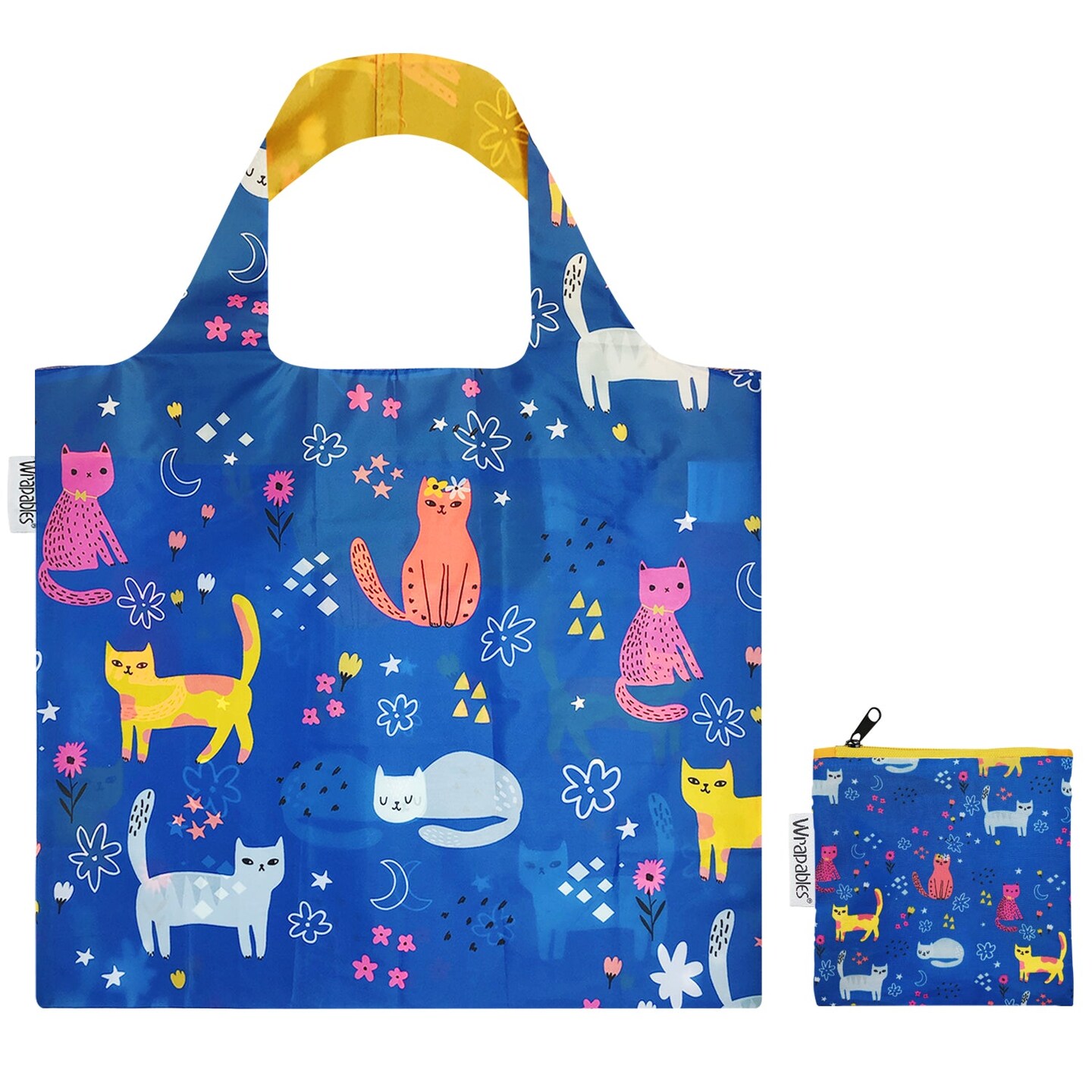 Wrapables Large Reusable Shopping Tote Bag with Outer Pouch, Cute Kitties