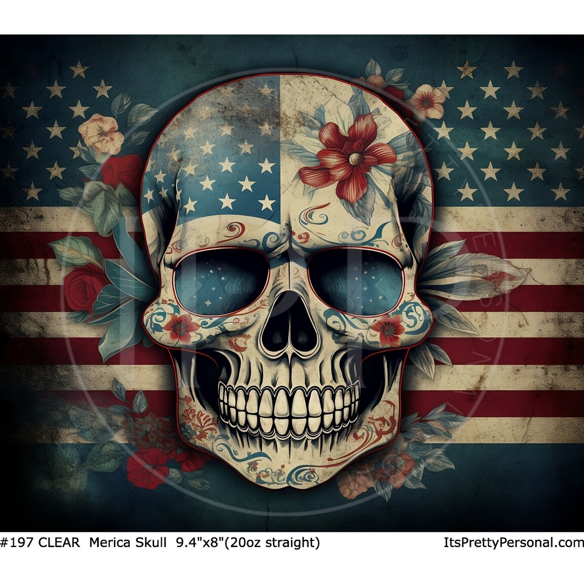 #197 CLEAR- 20oz -Merica Skull  9.4&#x22; x 8&#x22; Pattern Vinyl Wrap
