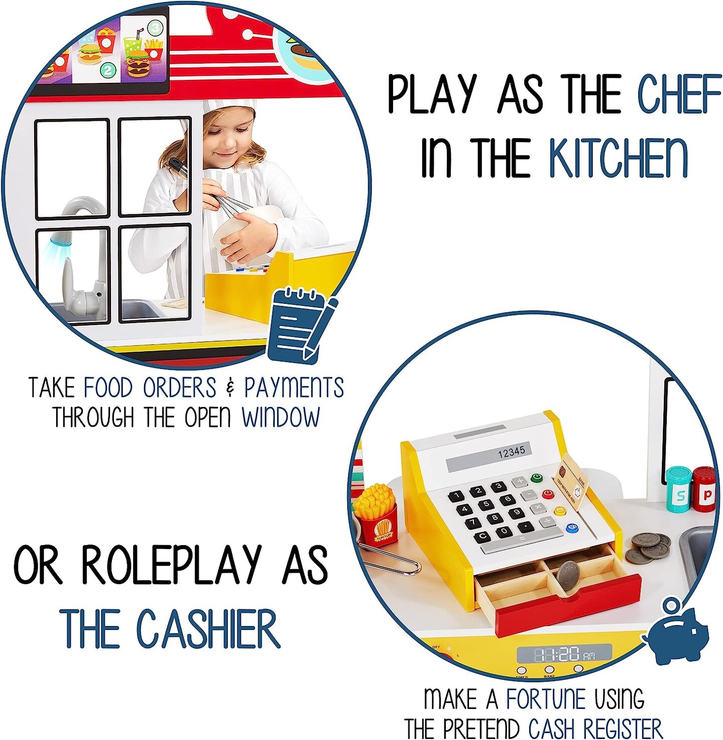 Lil’ Jumbl Double-Sided Restaurant Playset for Kids, Wooden Pretend Diner Set Toy