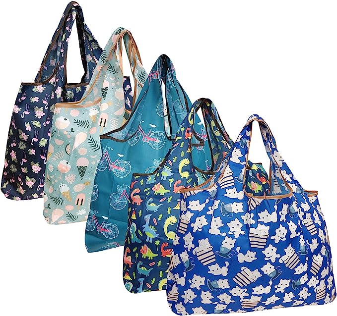 Wrapables Large Foldable Tote Nylon Reusable Grocery Bags, 5 Pack