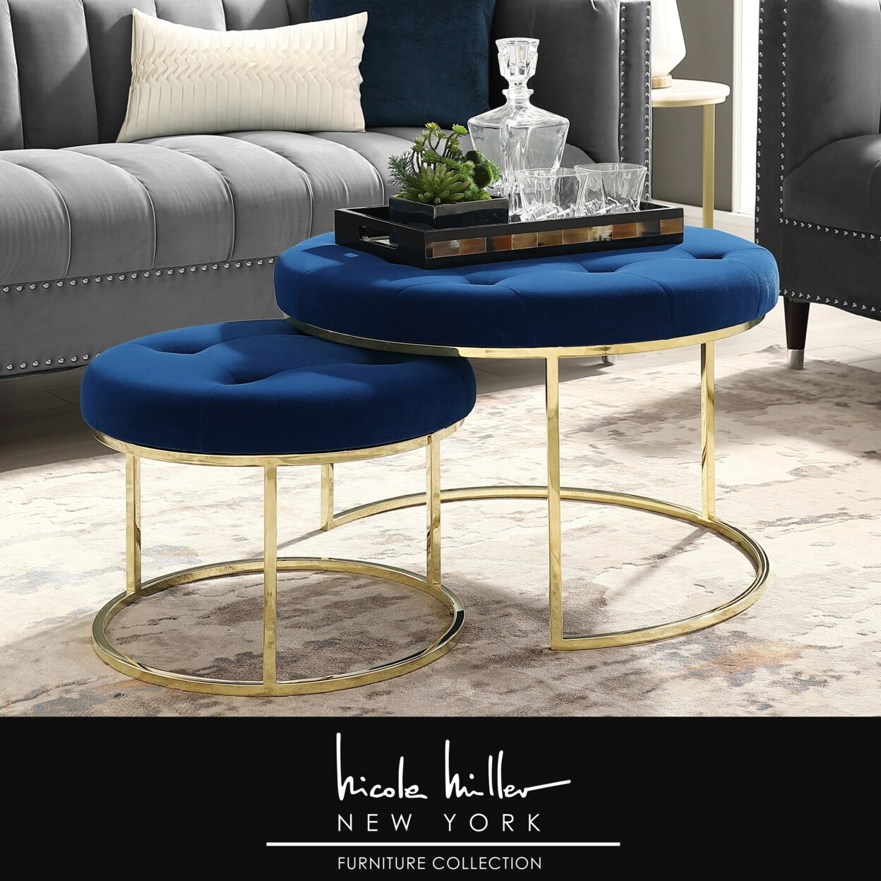 Nicole Miller   Keanu Nesting Ottoman-Upholstered-Gold Frame-Set of 2