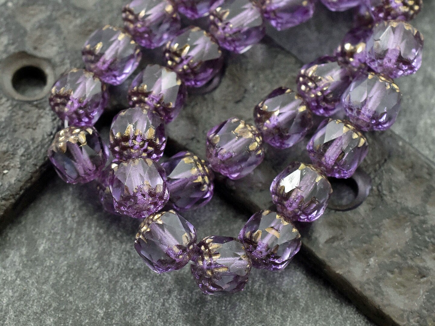 *15* 8mm Bronze Washed Purple Pansy Fire Polished Cathedral Beads